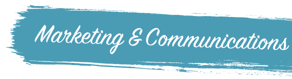 Stylized text reading 'Marketing & Communications' on a teal brushstroke background.