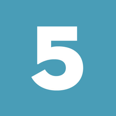 A teal square with a bold, white number five. 