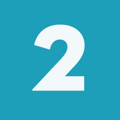 A teal square with a bold, white number two. 