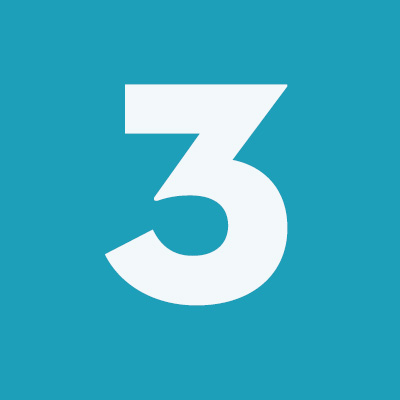 A teal square with a bold, white number three. 