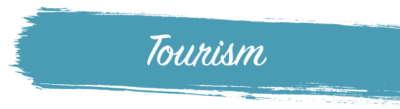 Stylized text reading 'Tourism' on a teal brushstroke background.