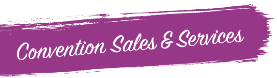 Stylized text reading 'Convention Sales & Services' on a purple brushstroke background.