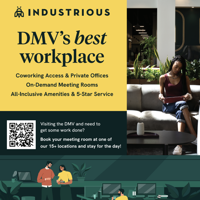 Advertisement for Industrious, highlighting coworking and private office spaces with a woman working on a couch and text promoting all-inclusive amenities and 5-star service.